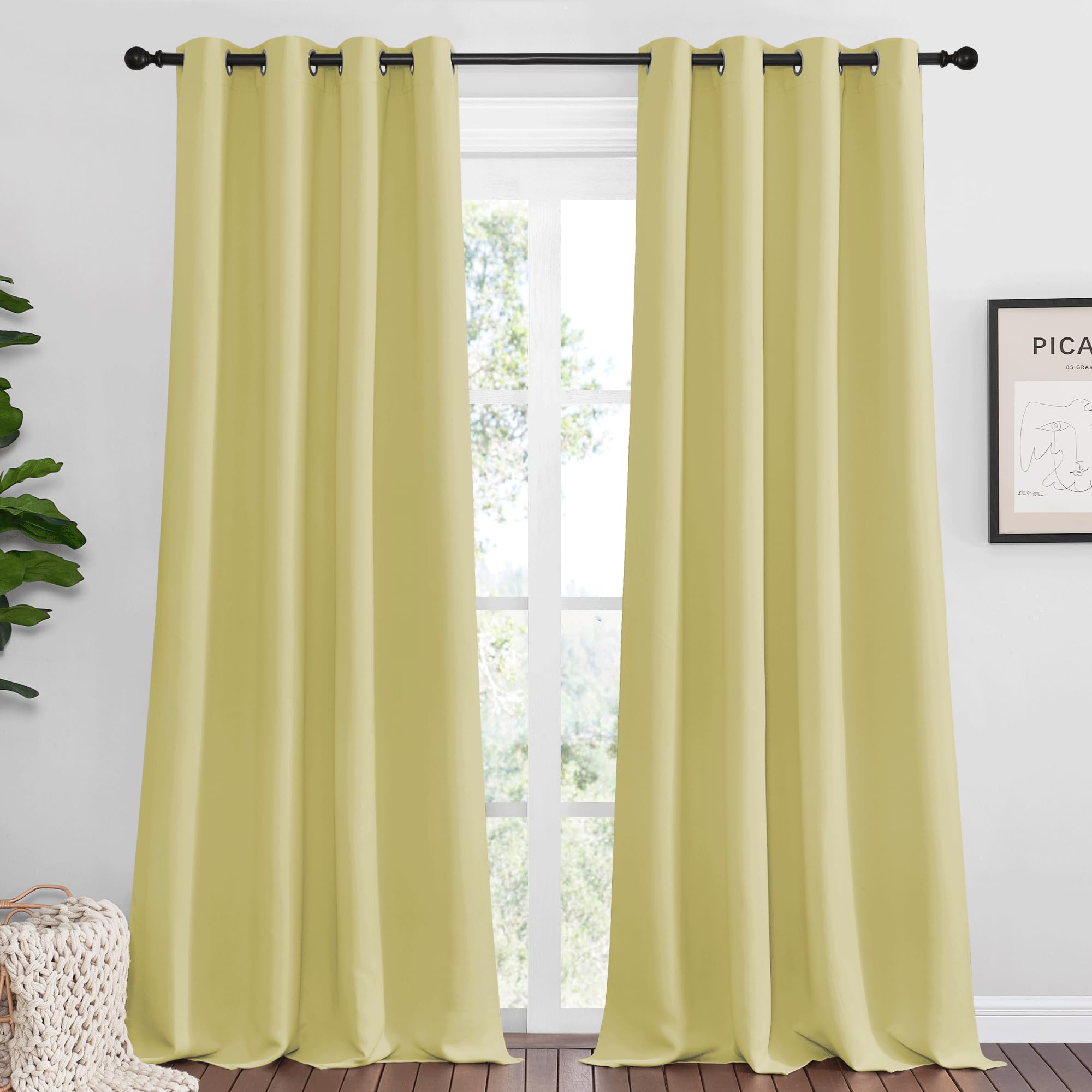 NICETOWN Paler Yellow Blackout Curtains 96" Long for Office, 55" Wide, 2 Pieces, Dining Room, Guest Room, Sound Reducing Heat and Cold Block Curtain Panels for Modern Room Decorative Image