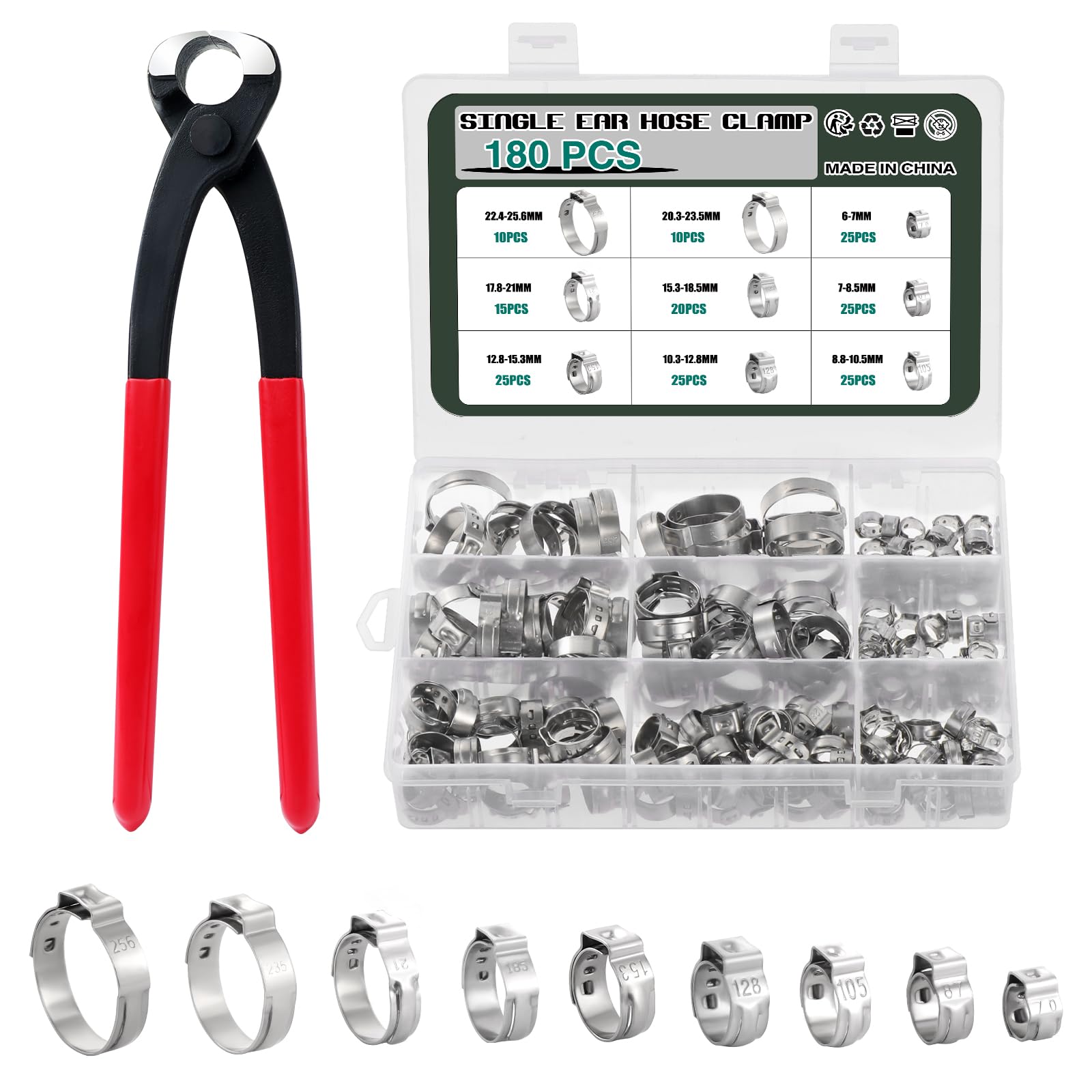Knpwer 180 Pcs 304 Stainless Steel Single Ear Hose Clamp,6-25.6mm 9 Sizes Crimp Hose Clamp Assortment Kit,Stepless Crimp Clamp (180, 9 Sizes)
