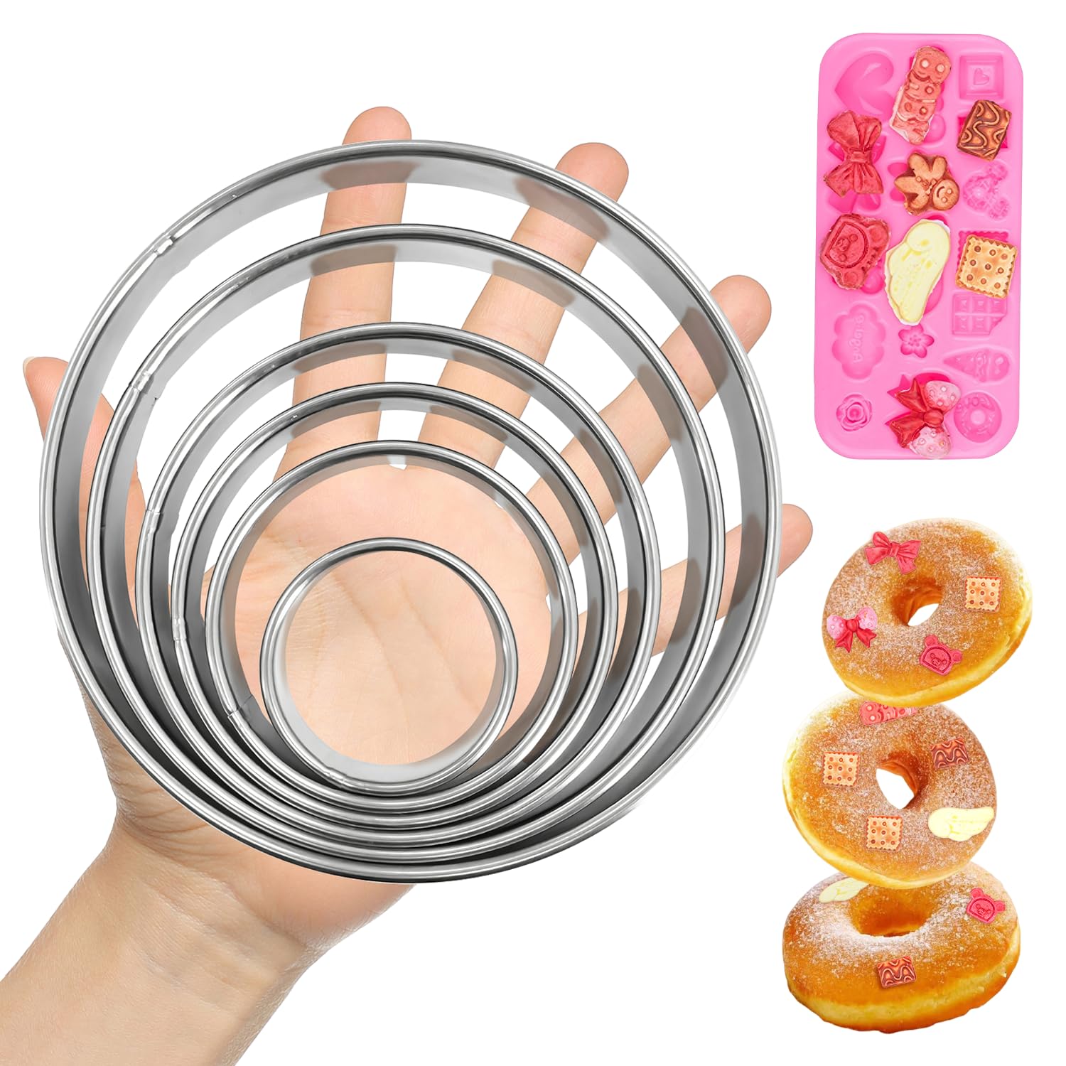 Photo 1 of 6 PCS Circle Cookie Cutter Set Donut Cutter Large Stainless Steel Round Cutters (2, 3, 3.5, 4, 5, 6 Inch) & Decorative Cookie Mold for Baking, Donuts, Biscuits, Sandwiches | Durable Easy to Clean