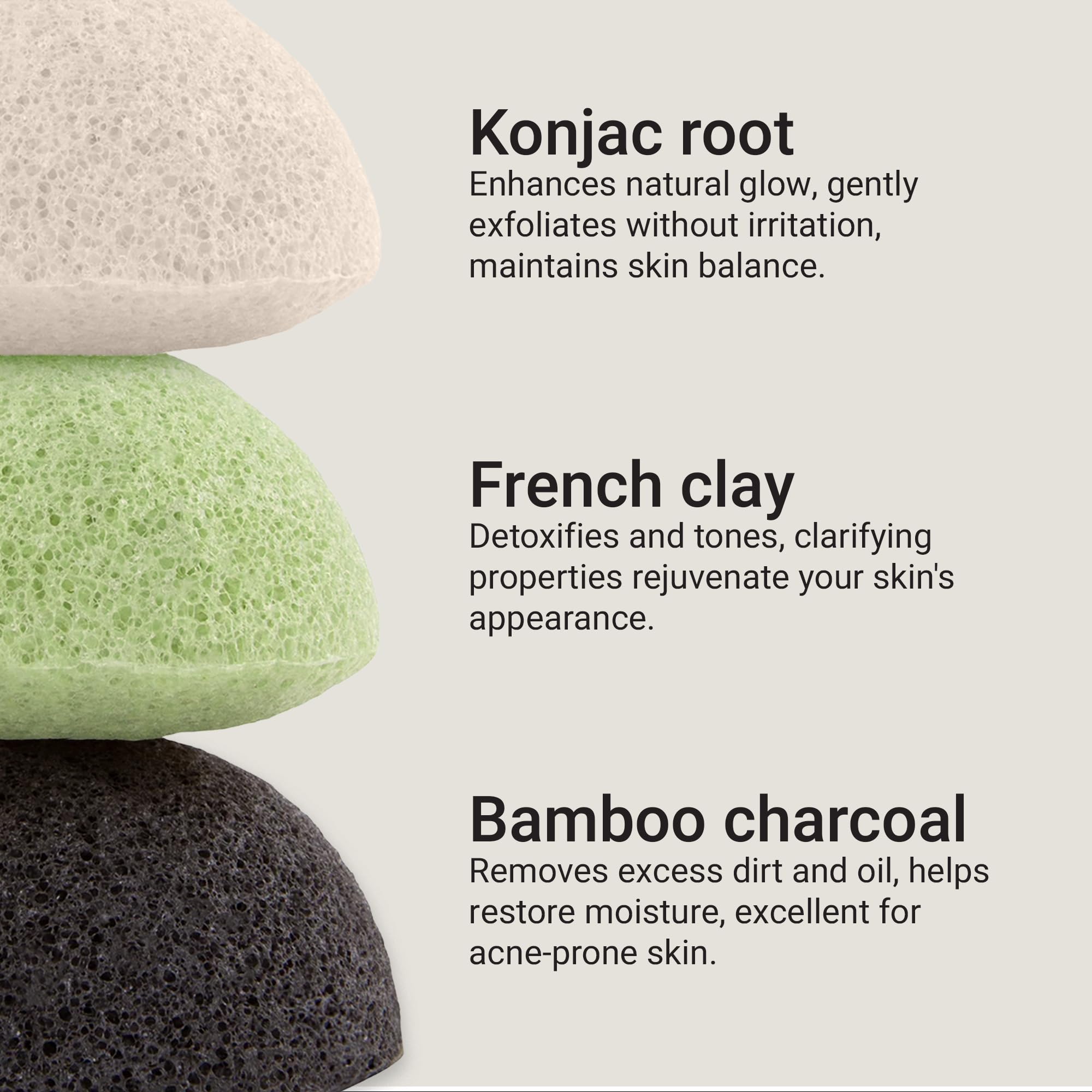 Vove Organic Konjac Facial Sponges 3-Pack - Natural Face Exfoliating Sponges with Bamboo Charcoal & Green Clay, Gentle Cleansing for All Skin Types, Natural Vegan Skincare, Certified Organic