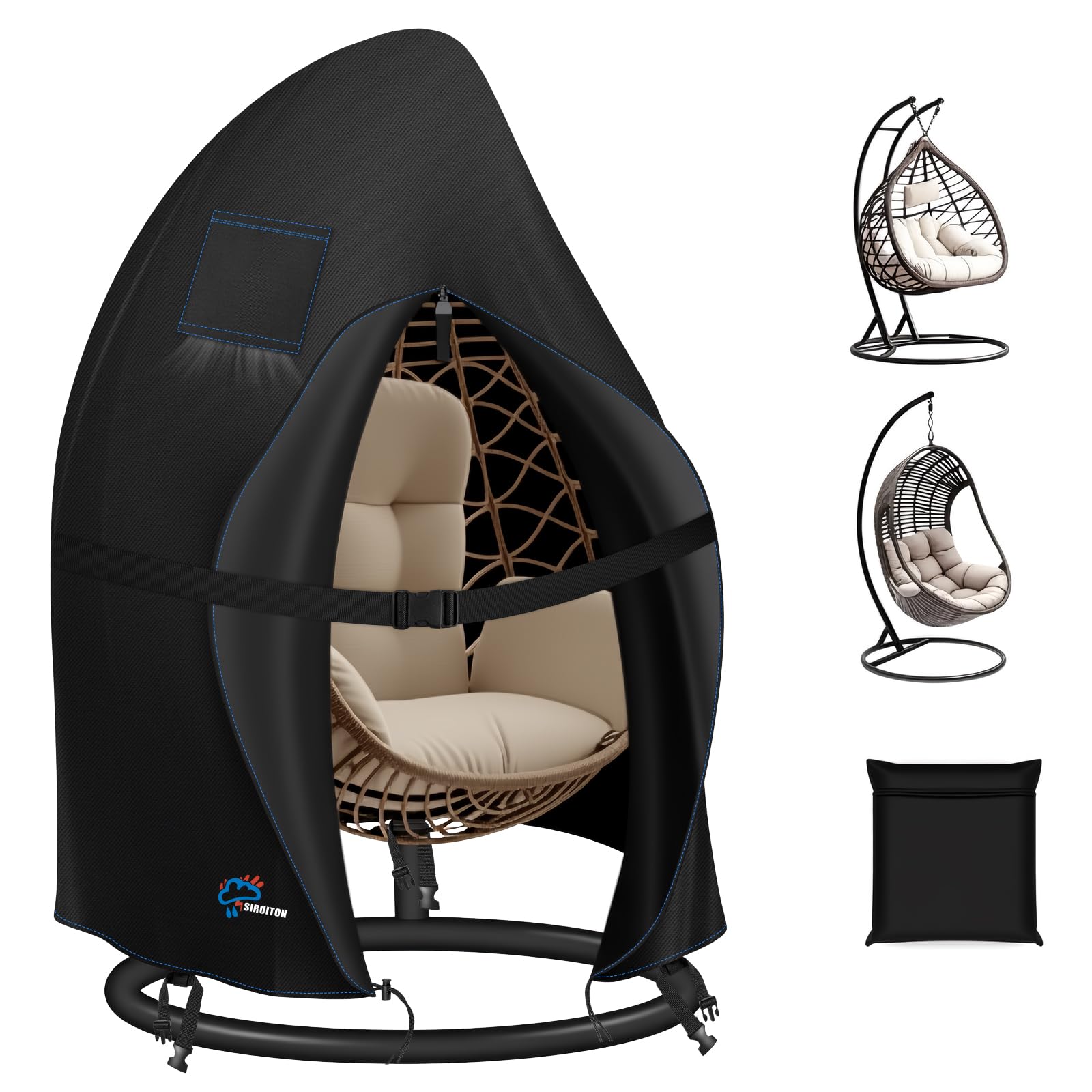 SIRUITON Ø120x190cm 420D Reinforced Patio Hanging Egg Chair Cover, Outdoor Single Seat Cocoon Swing Egg Chair Cover Waterproof with Zipper, Heavy Duty Fabric Eggshell Chair Covers