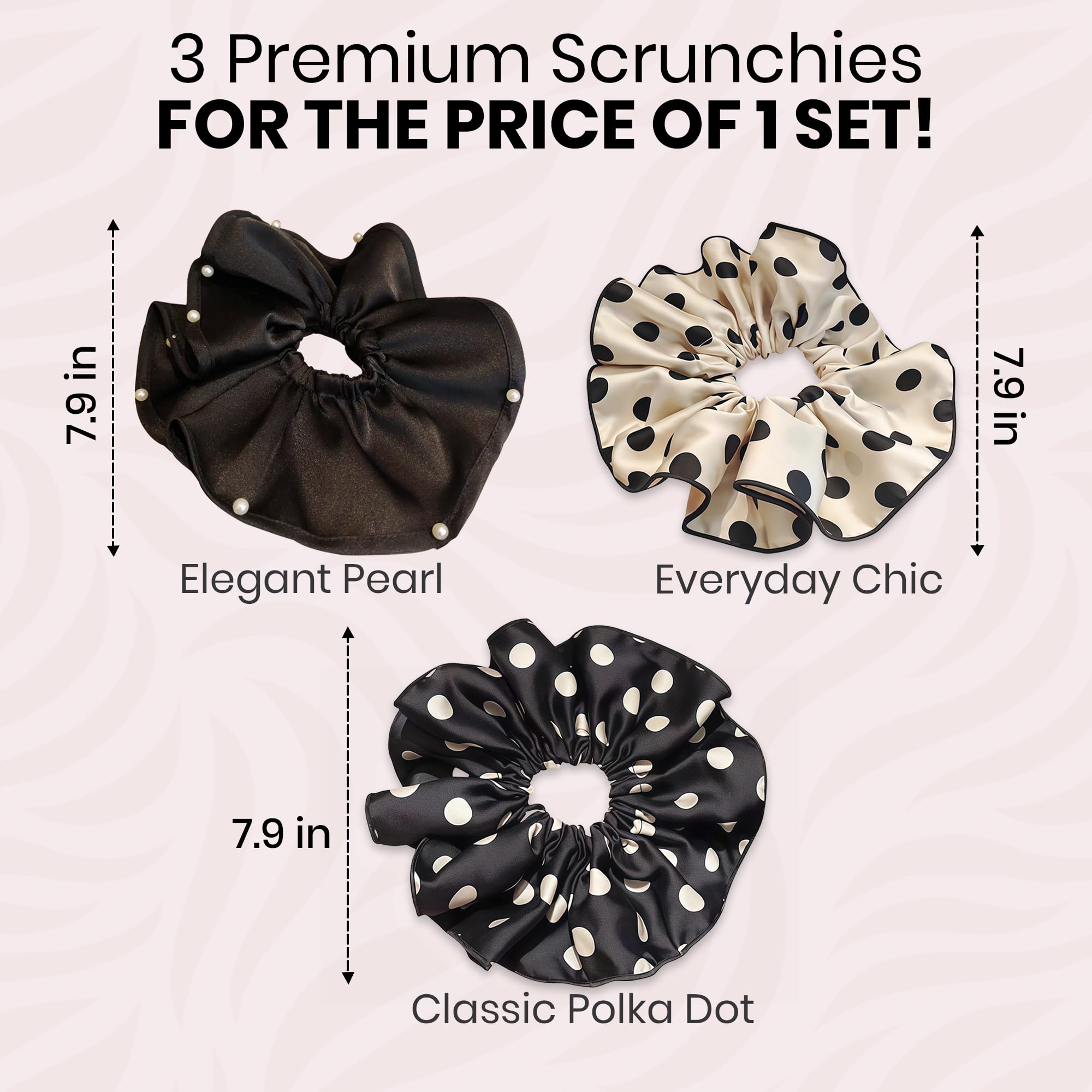 3PCS Satin Hair Scrunchies For Women: Vintage Chic Accessories for 50s Outfits – Soft, No-Damage Silk Hair Ties Bands with Pearl and Polka Dot Designs