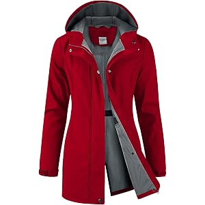 iCreek Women's Waterproof Softshell Rain Jacket Fleece Lined Hood Long Coat