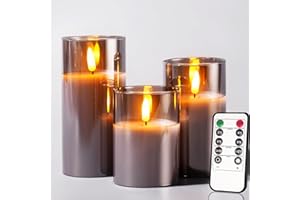 Tyawon Glass Battery Operated LED Flameless Candles with Remote and Timer, Real Wax Candles Warm Color Flickering Light for Festival Wedding Home Party Decor(Pack of 3)-Grey