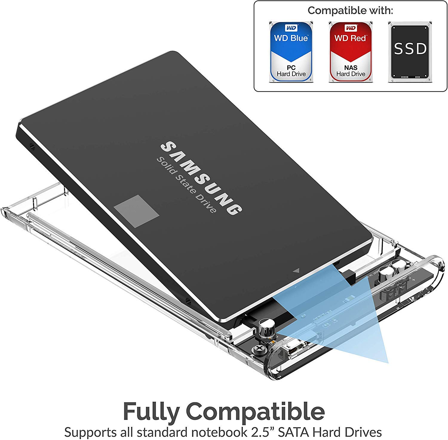 SABRENT 2.5 Inch SATA to USB 3.0 Tool Free Clear External Hard Drive Enclosure [Optimized for SSD, Supports UASP SATA III] (EC-OCUB)
