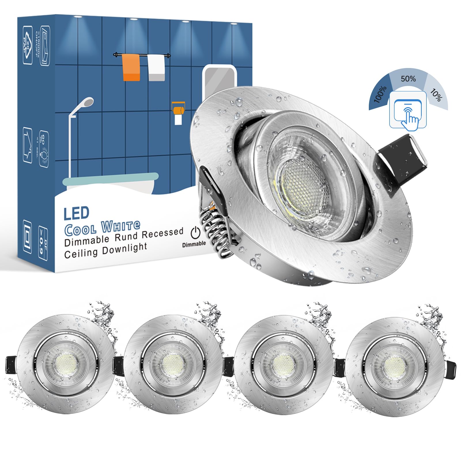 wowatt Dimmable LED Recessed Ceiling Lights 5X 3 Brightness Level IP44 Spotlights Downlights 7W Cool White 6000K Round Nickel 30°Rotatable 700LM 83Ra for Bathroom Living Bedroom Kitchen Pack of 5