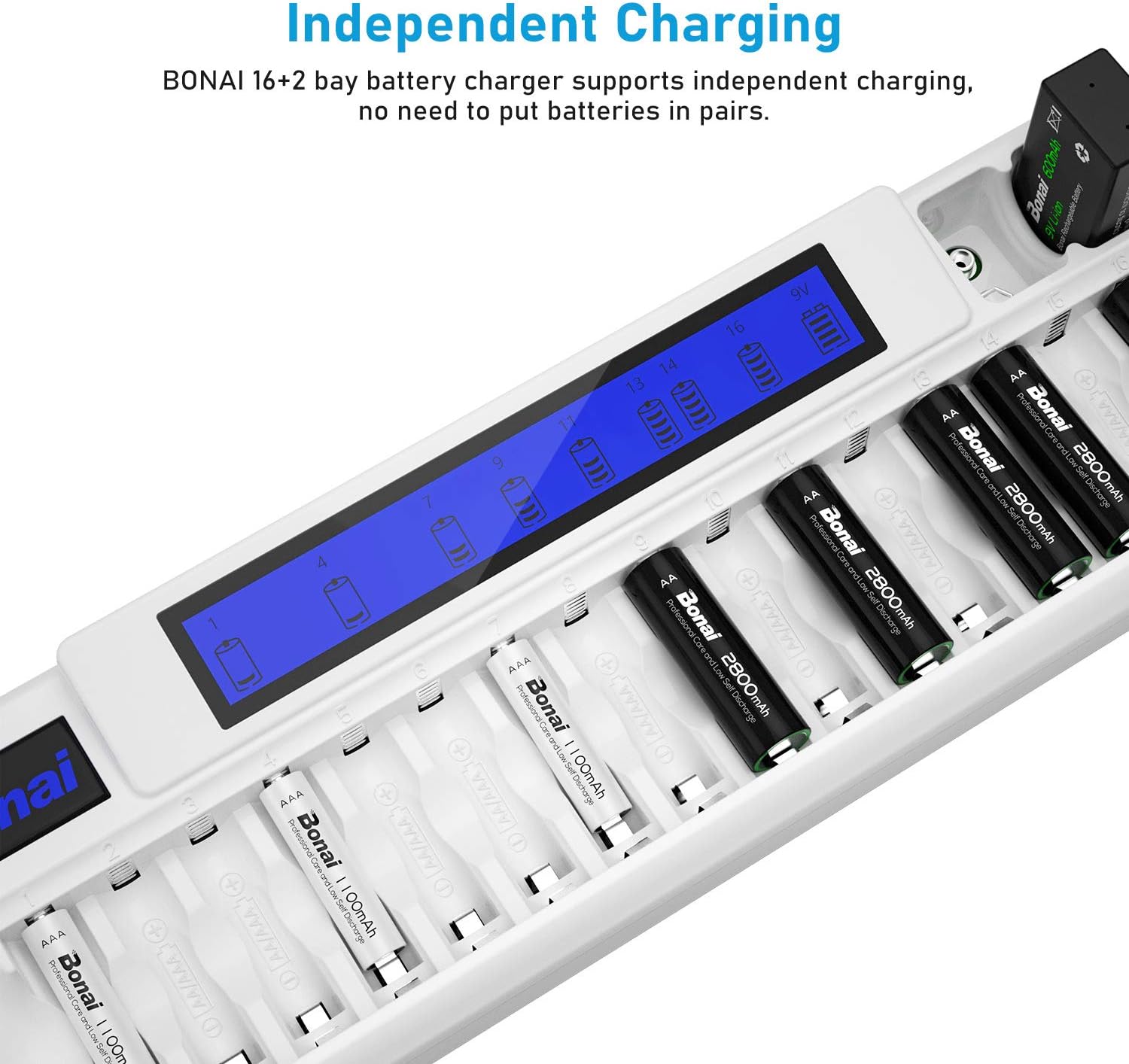 BONAI 16+2 Bay Smart Rechargeable Battery Charger with LCD Display for AA AAA NiMH NiCD Batteries & Li-ion 9V Rechargeable Batteries with AC Wall Adapter AAA aa Charger nimh Battery Charger: Home Audio & Theater