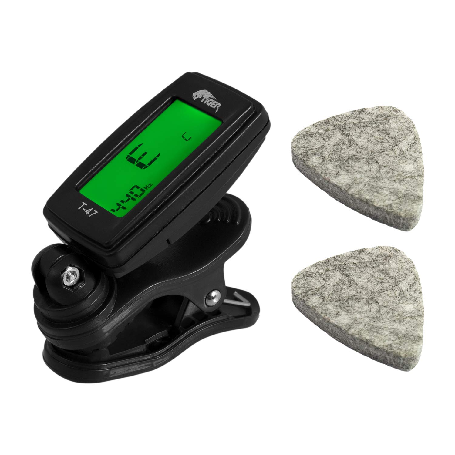 Tiger Ukulele Tuner and Felt Plectrums Accessories Pack – T-47 Chromatic Tuner and 2 Felt Picks