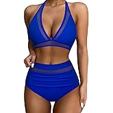 SUUKSESS Women Sexy High Waist Bikini Sets Mesh Tummy Control 2 Piece Swimsuits