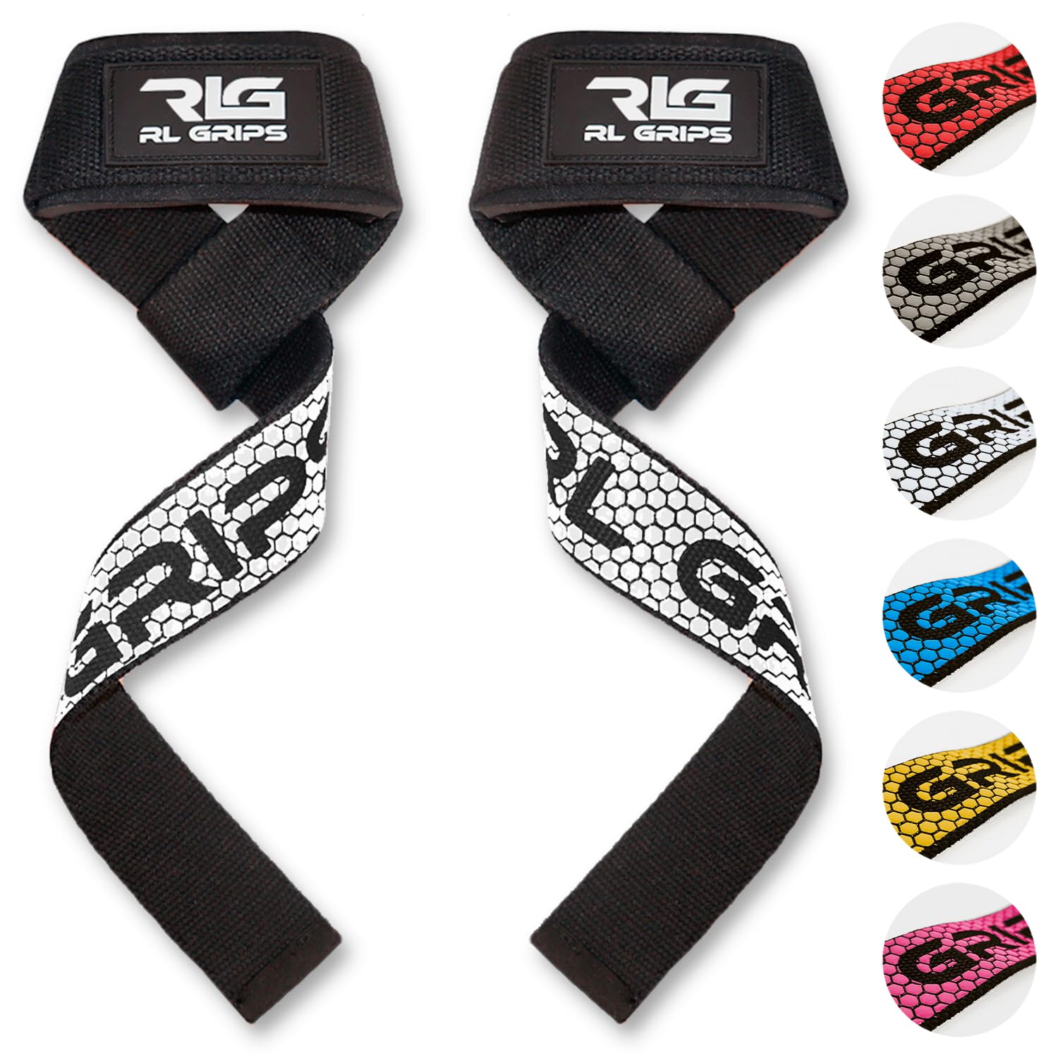 RL Grips® Gym Straps for Weightlifting – Padded Lifting Straps with Silicone Grip – Straps for Powerlifting, Deadlifts, Rows, and Pulldowns (White)