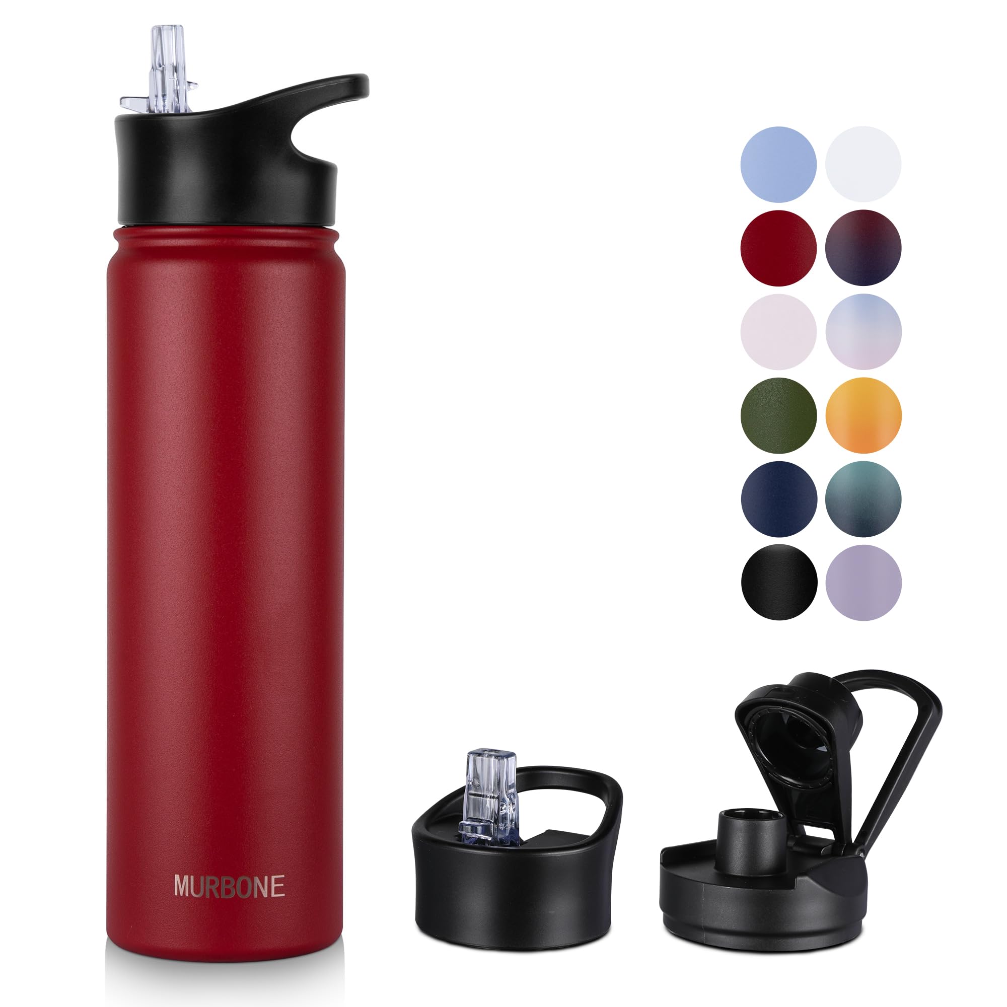 MURBONE Insulated Water Bottle, 750ml Stainless Steel Drink Flask with Straw, BPA Free, 2 Lids (Straw Lid and Spout Lid), Leakproof Double Walled Vacuum Water Bottle, Red