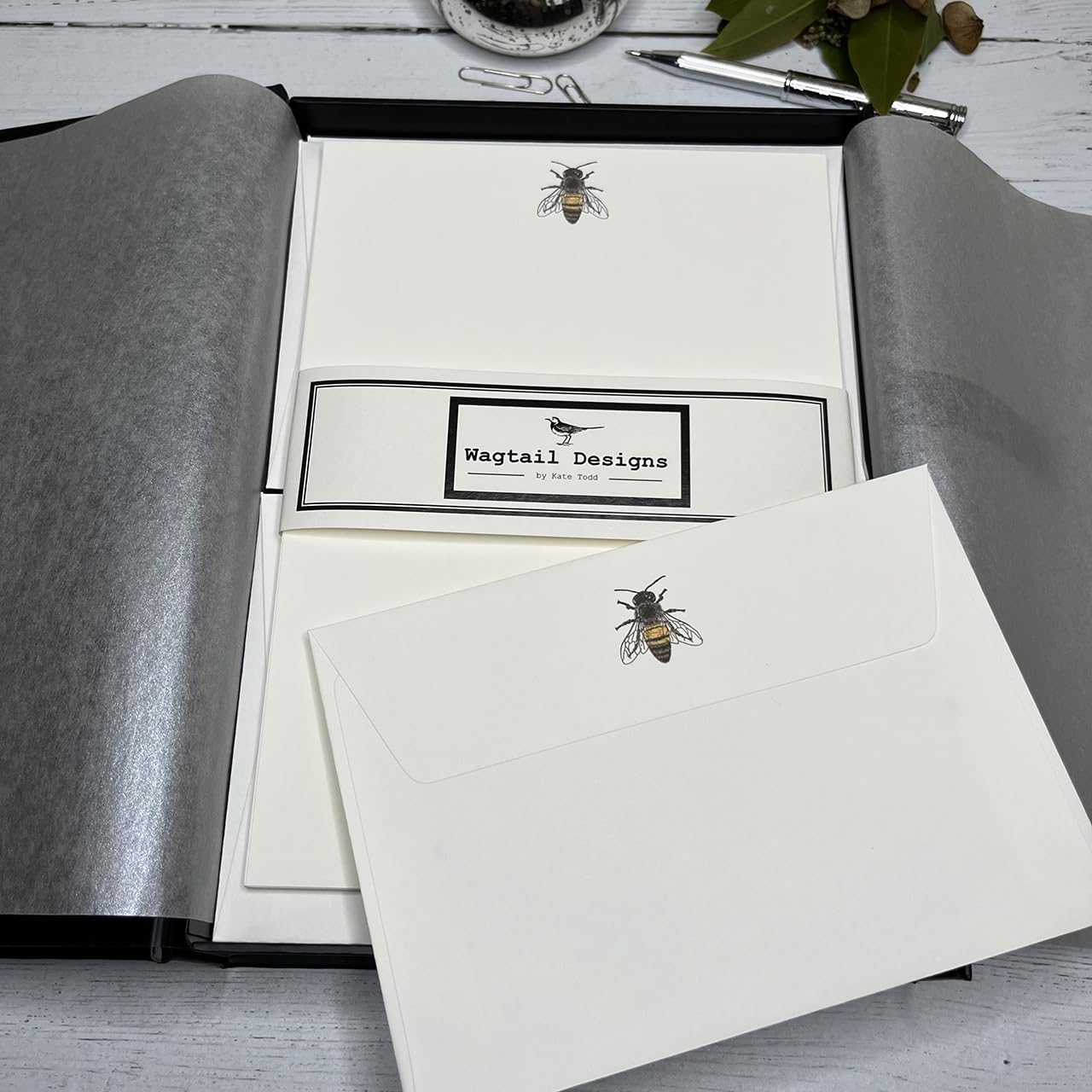 Wagtail Designs Writing Paper Gift Set with a Honey Bee Illustration in a Lovely Black Box with Ribbon (18 Sheets of Quality Letter Writing Paper and envelopes)