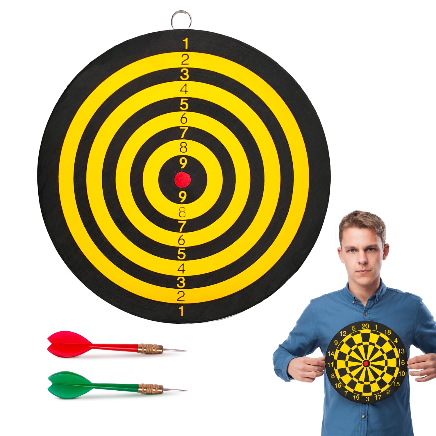 BullTek Small Dart Target Game 22.5 cm Target Shooting Board Double-Sided Sign Shooting for Adults and Children with 2 Steel Arrows DartBoard Yellow Black Round House Wall Hanging, Bers225