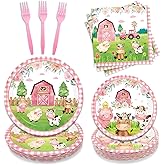 96PCS Farm Animals Party Supplies Tableware Set Farm Birthday Party Barn Animal Theme Party Cute Pink Animal Baby Shower Dessert Plate Dinner Plate Paper Napkins Forks Dinnerware for 24 Guests
