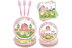 Oigco 96PCS Farm Animals Party Supplies Tableware Set: Pink Farm Animal Dessert & Dinner Plates, Paper Napkins, Forks for 24 