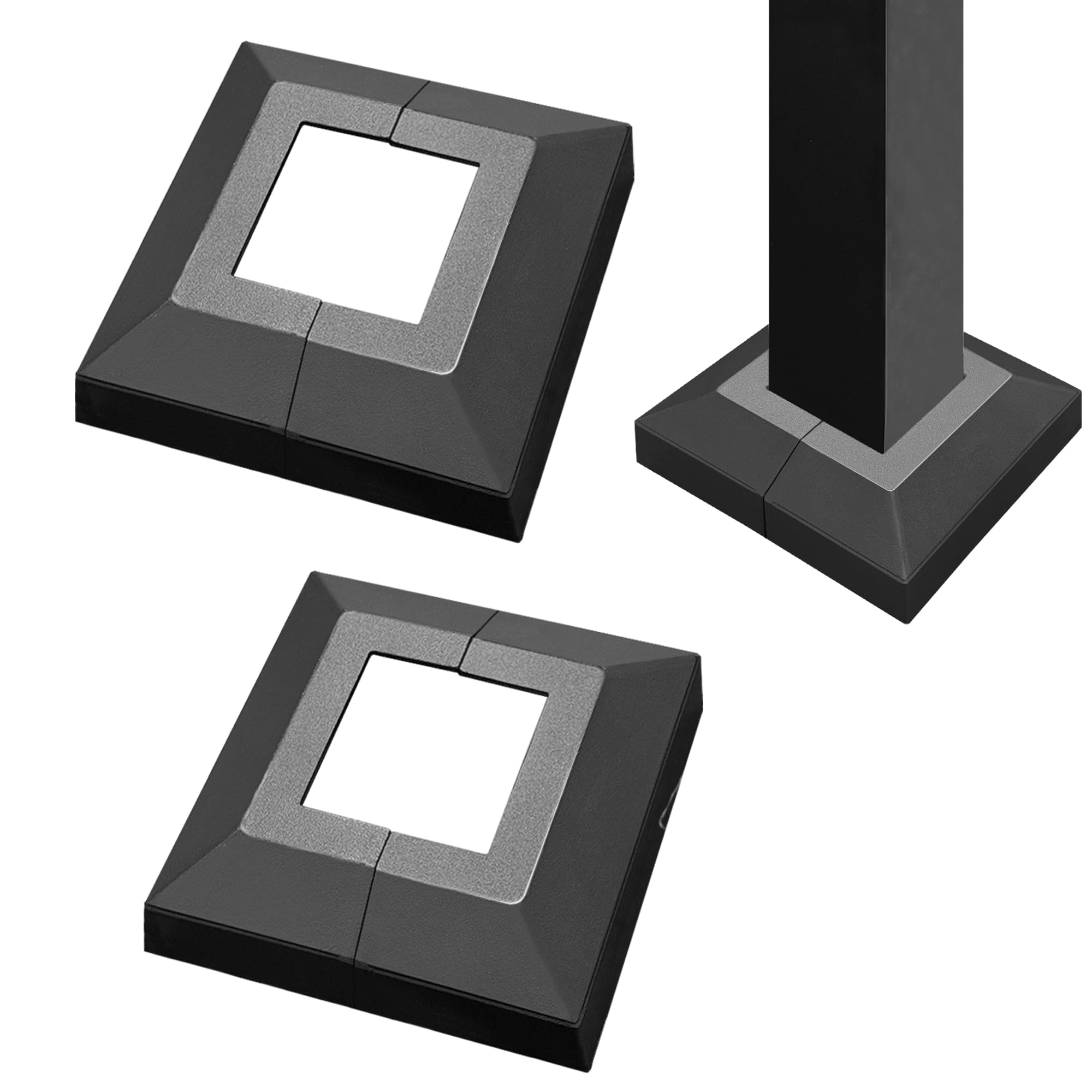 Photo 1 of 2 Pack 2X2IN Aluminum Split Deck Post Base Cover, Solid Fence Trim Skirt, Post Foot Protection Replacement for Porch Stairs Outdoor Decor Railing (4.7x4.7IN Outer Size) Matte Black