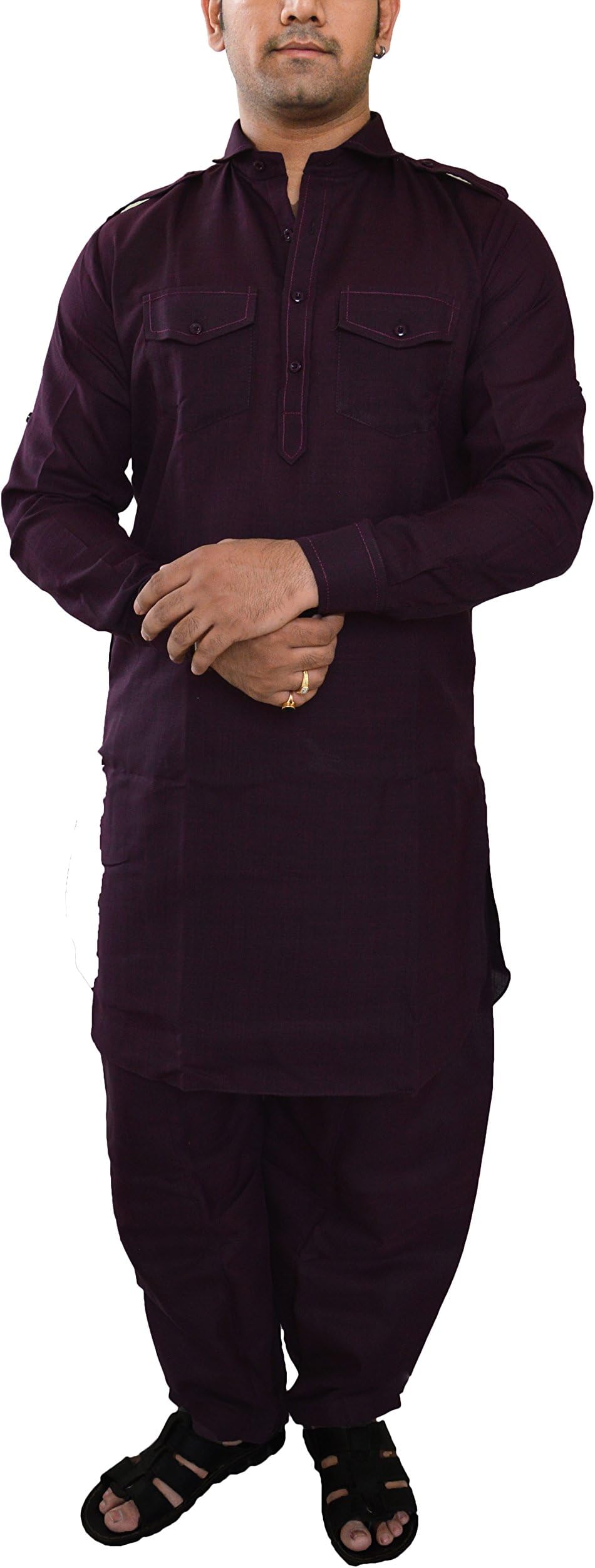 inTrend Men's Cotton Linen Wine Pathani Kurta Salwar