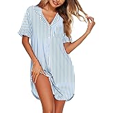 Ekouaer Nightgowns for Women Button Down Sleep Shirts Short Sleeve Night Shirts V Neck Sleepwear Boyfriend Pajama Dress