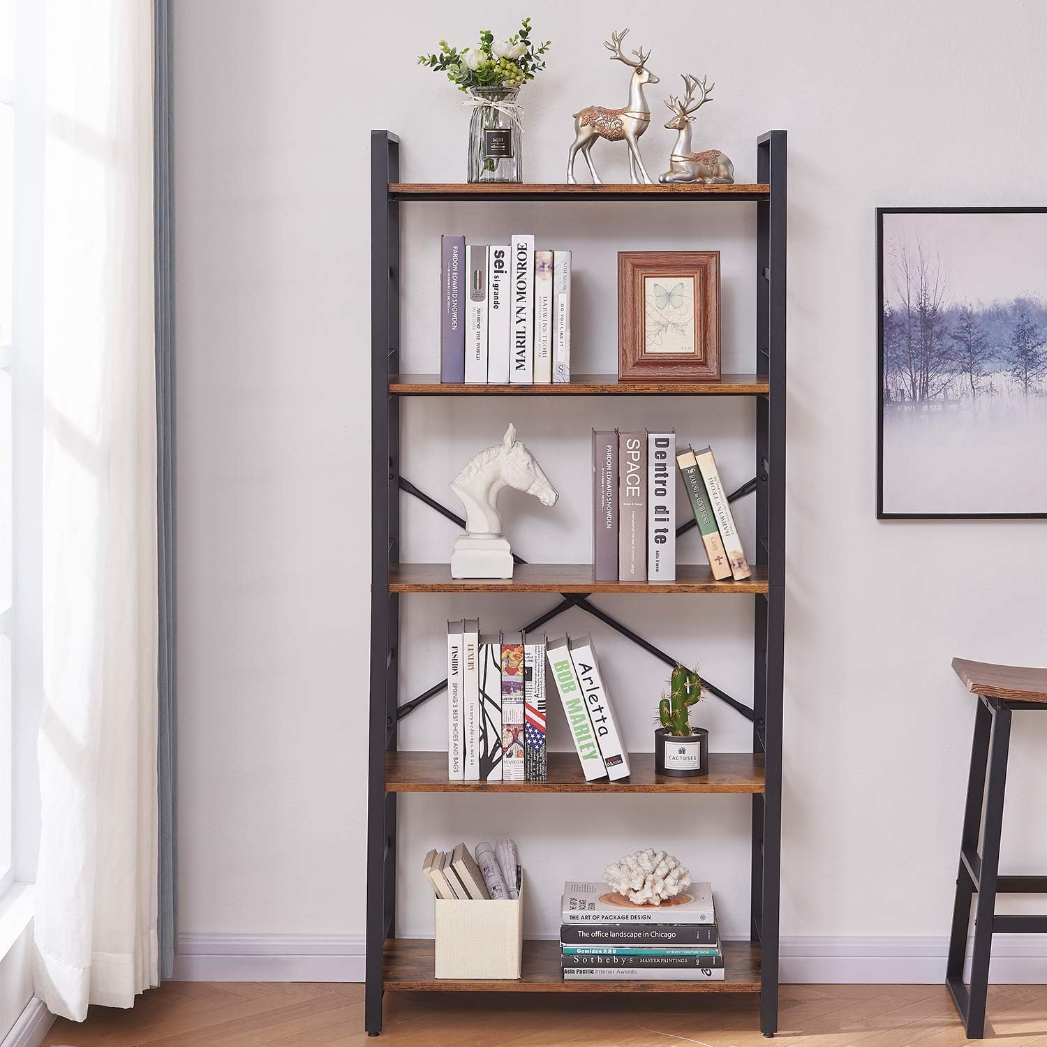 OIAHOMY Industrial Bookshelf，5-Tier Vintage Bookcase and Bookshelves，Rustic Wood and Metal Shelving Unit，Display Rack and Storage Organizer for Living Room, Rustic Brown: Furniture & Decor