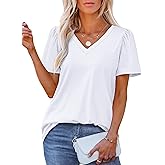 OFEEFAN T Shirts for Women V Neck Dressy Casual Blouses Puff Short Sleeve Summer Tops Loose Fit