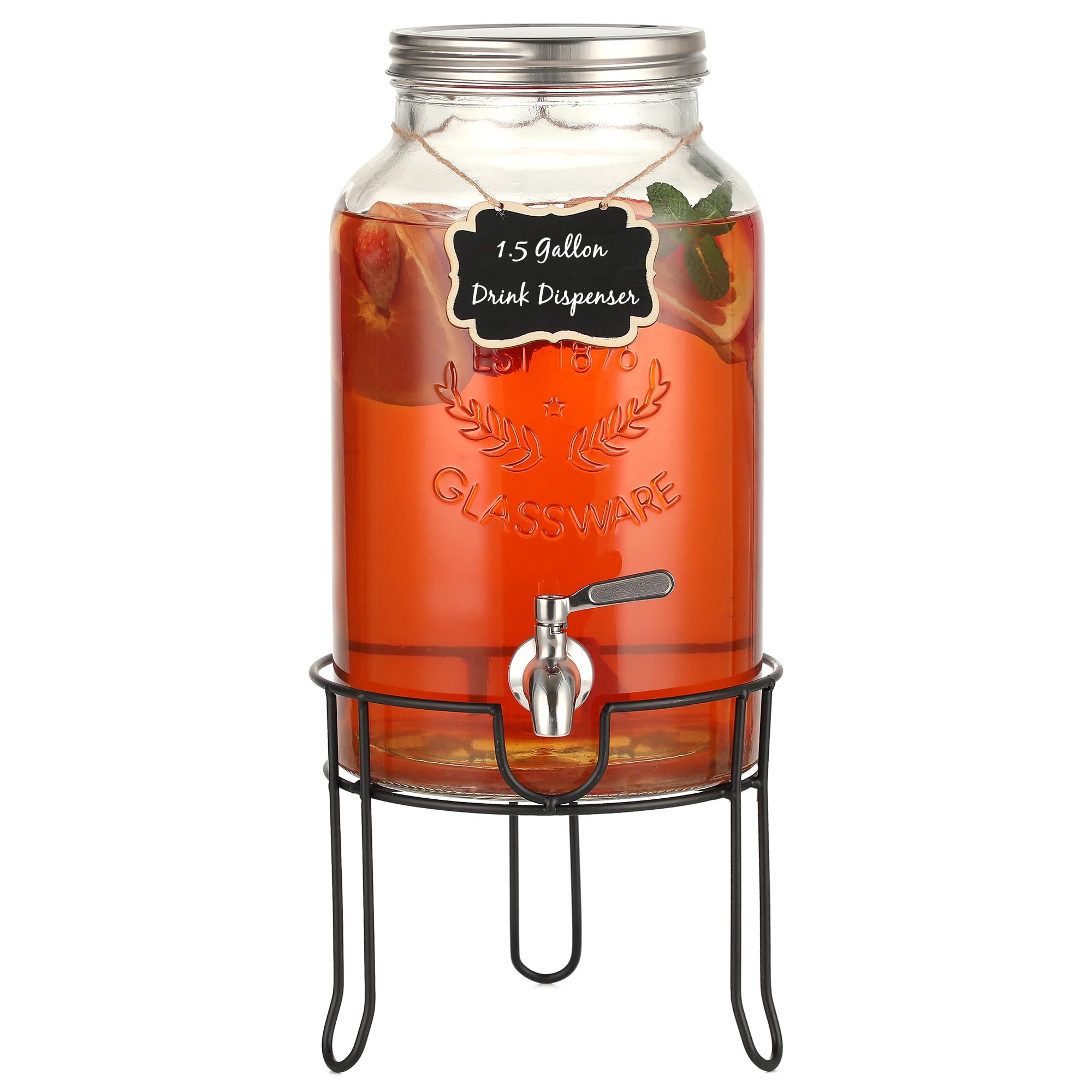 Photo 1 of 1.5 Gallon Glass Drink Dispenser with Stand – Large Beverage Dispenser with Stainless Steel Spigot, Chalkboard Tags & Marker – Glass Water Dispenser for Fridge, Parties, Weddings and Home Use,Silver