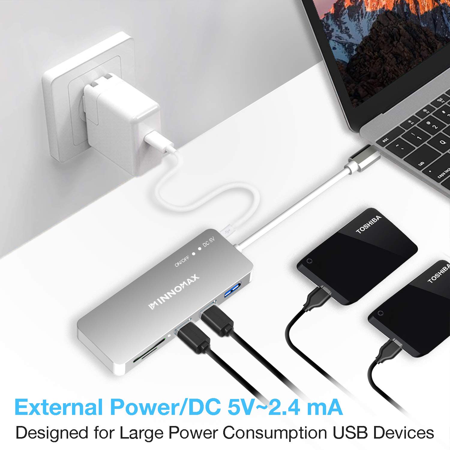 INNOMAX MacBook Pro Powered USB C Hub/Adapter with Smart SD Card Reader,3 USB 3.0 Ports for New MacBook Pro13”15” 2016 2017 with Thunderbolt3 Ports,Apple MacBook12”and Computer withUSB C Port,Silver