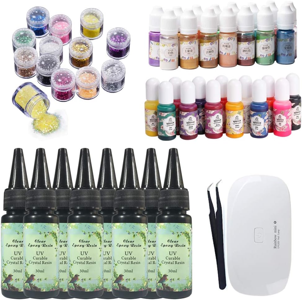 8 Pieces 30ML Upgrade 45S Fast Cure Crystal Hard UV Resin Curable Glue+ 15 Pearlescent Pigment 15 Liquid Pigment 12 Glitter Sequins with Tweezer and lamp For Jewelry Earrings Necklace Bracelet
