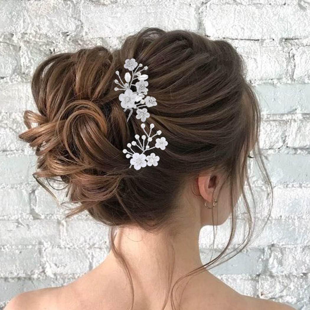 Resweky Bride Wedding Crystal Hair Pins Silver Flower Bridal Hair Pieces Glitter Rhinestone Pearl Flower Hair Pin Wedding Bride Hair Accessories for Women and Girls Pack of 2