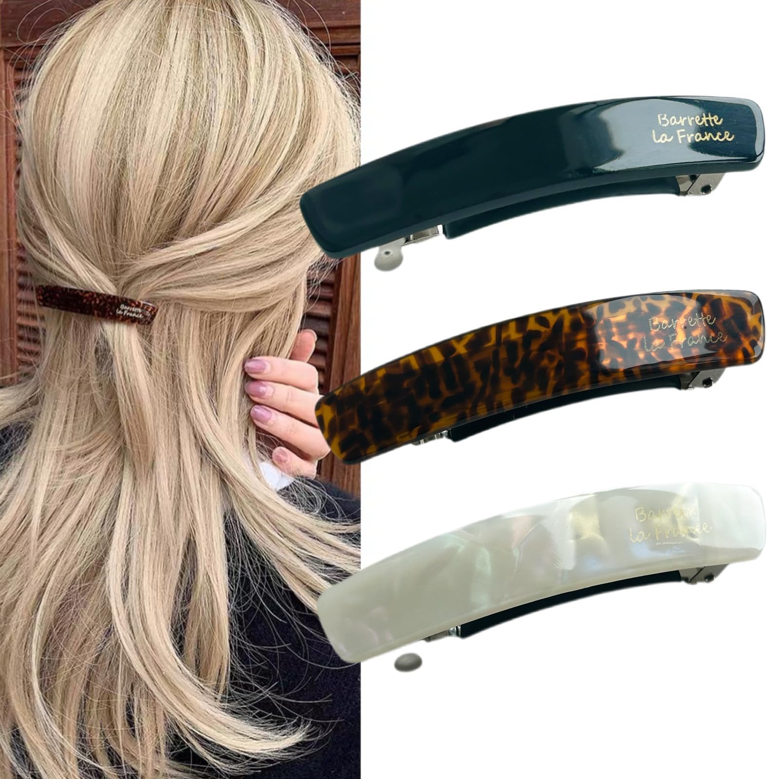 Ypkia Pack of 3 French Rectangular Hair Clips, Automatic Hair Clips, Women's Thin Hair, Tortoiseshell Hair Clips