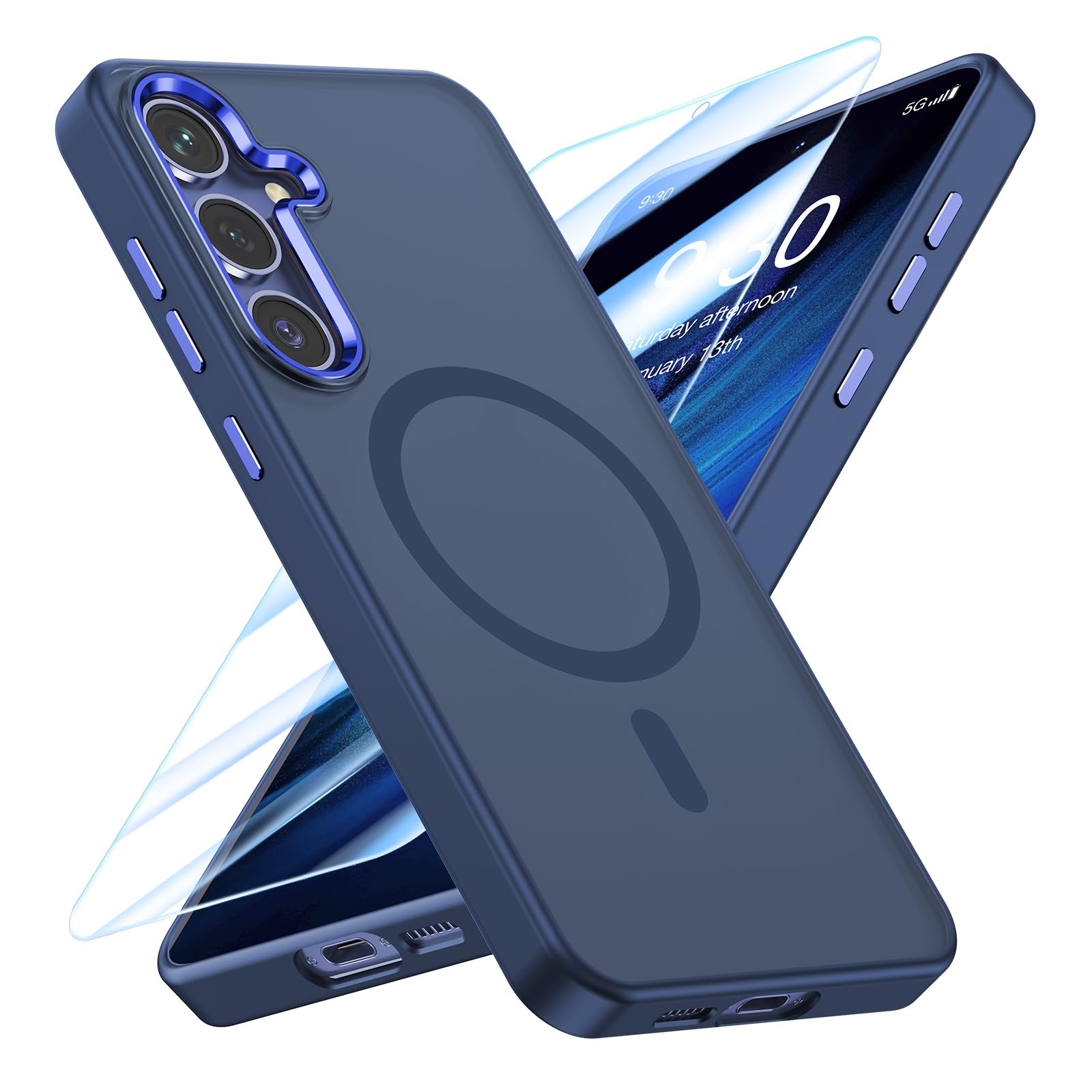 MATEPROX Magnetic Compatible with Samsung Galaxy S25 Plus Case, Stylish Slim Translucent Matte Protective Cases with Screen Protector for S 25+ 6.7'' 2025-Blue