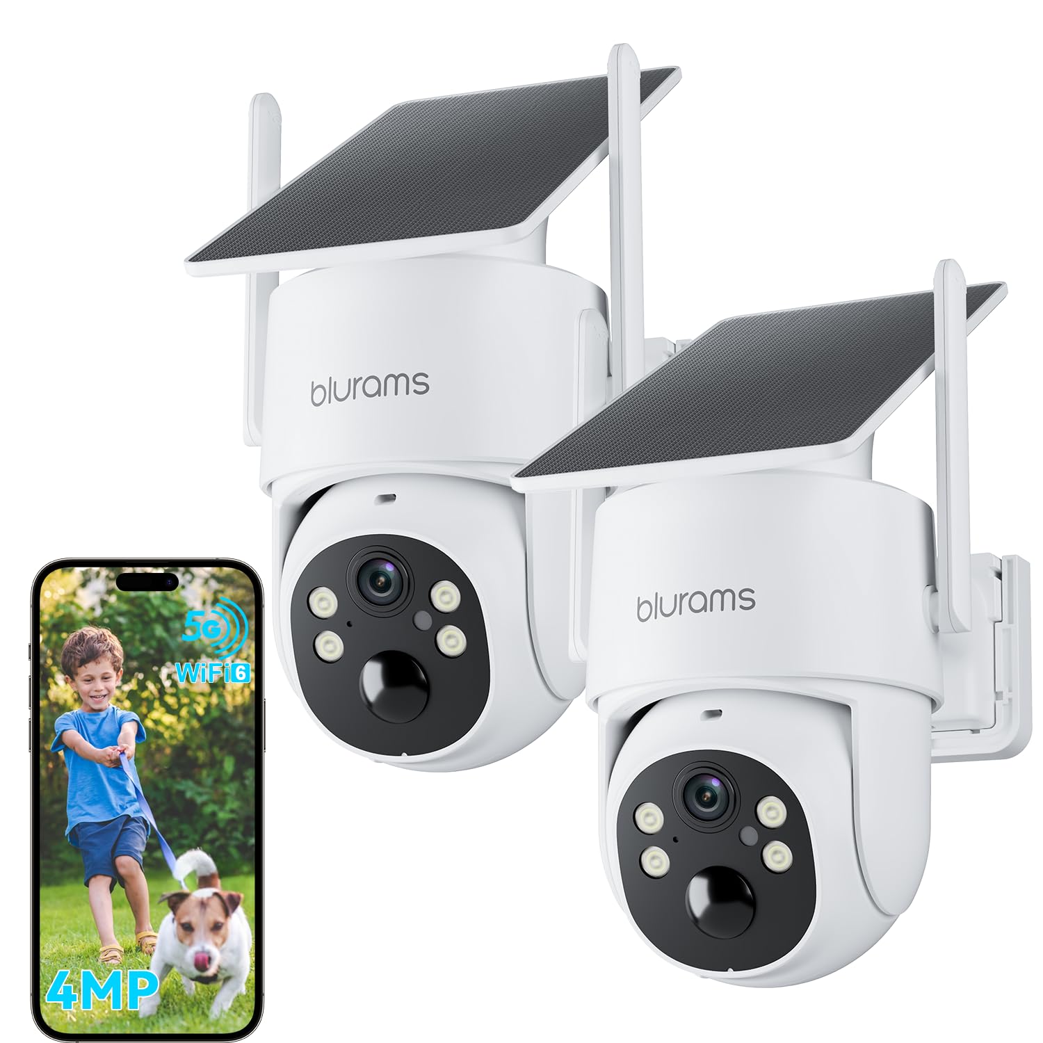 Photo 1 of blurams 2.5K Pan/Tilt Security Cameras Wireless Outdoor, 100% Wire-Free Outdoor Camera with Fixed Solar Panel, 360° View, Dual-Band WiFi 6, Human Detection, Color Night Vision, Work with Alexa, 2Pack