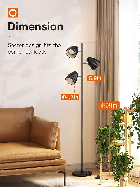 ADDLON TREE FLOOR LAMP WITH 3 ADJUSTABLE ROTATING LIGHTS AND MATCHING LED BULBS, STANDING TALL POLE LAMPS FOR LIVING ROOM, BEDROOM, HOME, OFFICE – BLACK