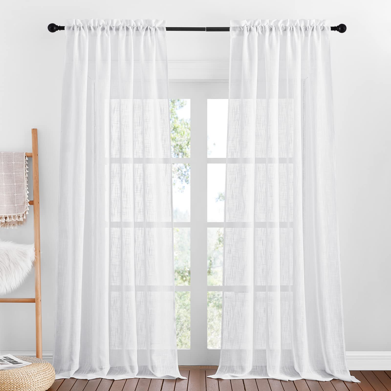 PONY DANCE White Net Curtains - Voile Curtains 95 drop pair Natural Living Room Front Door Net Curtains Faux Linen Look Slot Top Long Voile Sheer Room Divider, 2 Panels, 52 x 95 inch