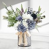 Aoztio Fake Flowers in Vase, Artificial Flowers Blue Faux Flowers for Vase, Silk Flowers Blue Flowers Table Centerpieces for Dining Room, Kitchen, Office, Farmhouse Decor - Blue White (Grey)