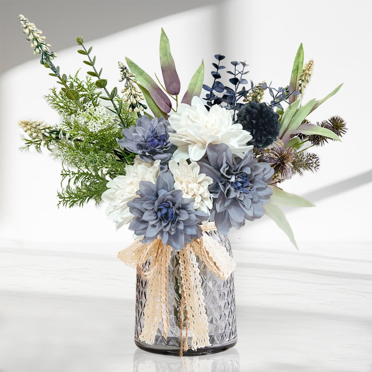 Aoztio Artificial Flowers for Decoration with Vase, Blue and White Silk Flowers, Faux Dahlia Flowers Arrangement for Home Kitchen Decor, Table Centerpiece, and Office Decoration (Grey Glass Vase)