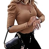 Tankaneo Womens Puff Long Sleeve Shirts Fall Square Neck Ribbed Knit Elegant Sweater Tops Silm Fitted Dressy Casual Blouse