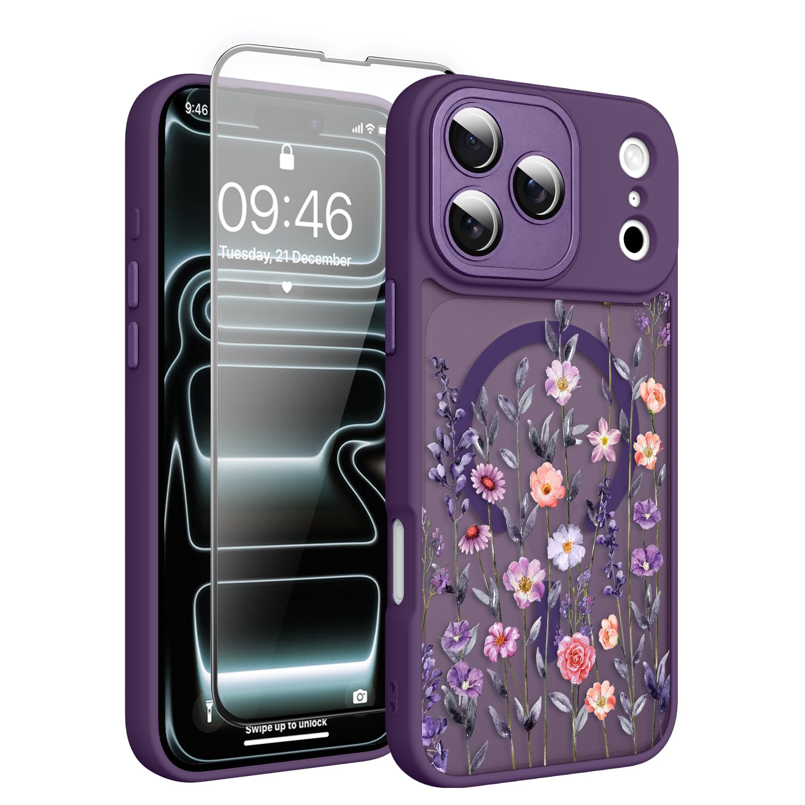 Fsoole Magnetic for iPhone 17 Pro Max Case with Screen Protector [Compatible with MagSafe] Pretty Flower Floral Pattern Design, Shockproof Slim Cover for Women Girls, Dark Purple