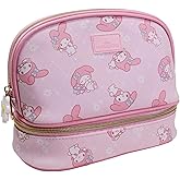 Impressions Vanity My Melody Double Layer Makeup Bag with Top and Bottom Zippered Compartments, My Melody Print Artwork Makeup Organizer with Faux Saffiano Leather, Inner Slip Pocket and Gold Hardware