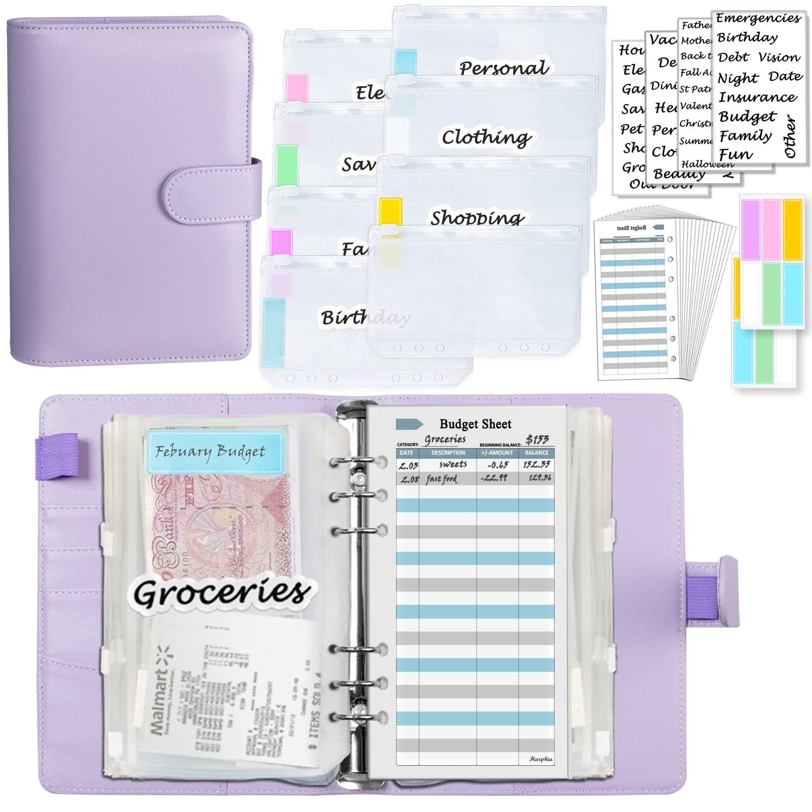 A6 Budget Planner Kit, Money Saving Wallet Binder,Silver 6 Ring Binder,with Cash Envelopes,Budget Refills, Matched Stickers and Label, 7.4x5.71" Harphia, Purple