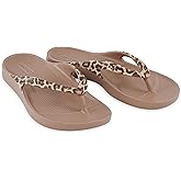 LightFeet Women's Arch Support Flip Flops - Orthopedic Thong Sandals for Plantar Fasciitis Relief, Indoor Slippers- Leopard Print Latte - Womens US 6