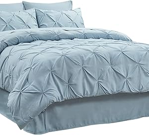 Bedsure Comforter Set Full/Queen Bed in A Bag Light-Blue 8 Pieces - 1 Pinch Pleat Comforter(88X88 inches), 2 Pillow Shams, Flat Sheet, Fitted Sheet, Bed Skirt, 2 Pillowcases