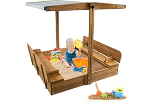 Ketive Sandbox with Cover, Wooden Sandbox with Canopy Rotatable Canopy, Adjustable Height, and UV-Resistant, 47 x 47 inch Sand Boxes for Kids Outdoor with Lid