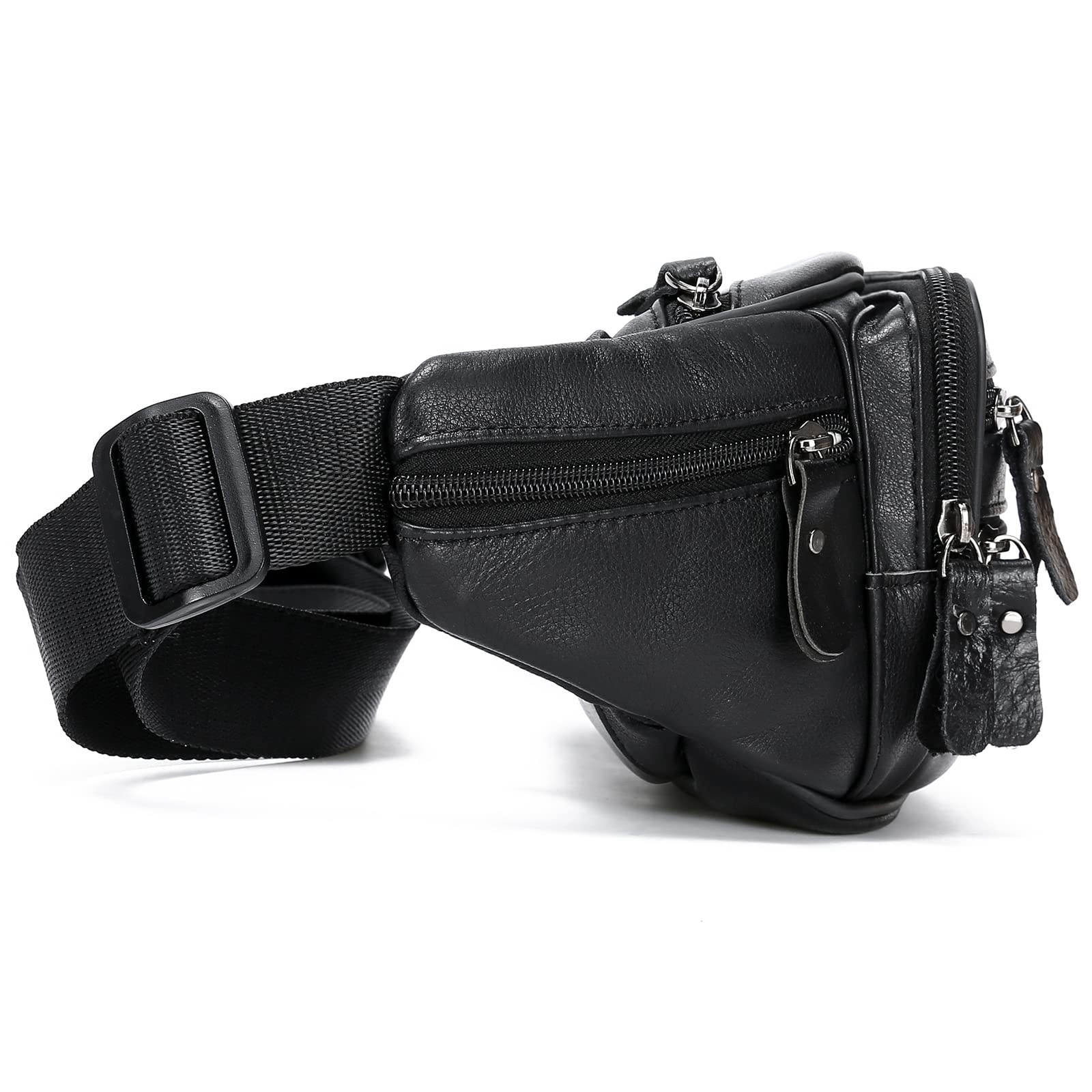 OrrinSports Black Leather Fanny Pack for Men & Women, Fashionable Multi-Pockets Waist Belt Bag for Travel Sports Hiking Cycling Fishing Running