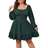 Womens Plus Size Dress Casual Long Lantern Sleeve Square Neck Textured Ruffle Flowy Ruched A-Line Mini Dresses for Women