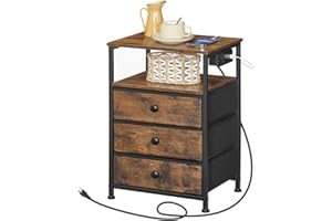 HOOBRO Bedside Table with Charging Station, Narrow Side Table with 3 Non-Woven Fabric Drawers, End Table with Open Storage, N