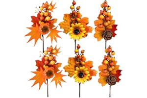 Adurself 6 Pack Fall Stems Artificial Berry Picks Fall Picks with Pine Cone Sunflowers Pumpkin Maple Leaves Branches Decorations for Harvest Autumn Thanksgiving Day Wreaths Indoor Outdoor Home Decor