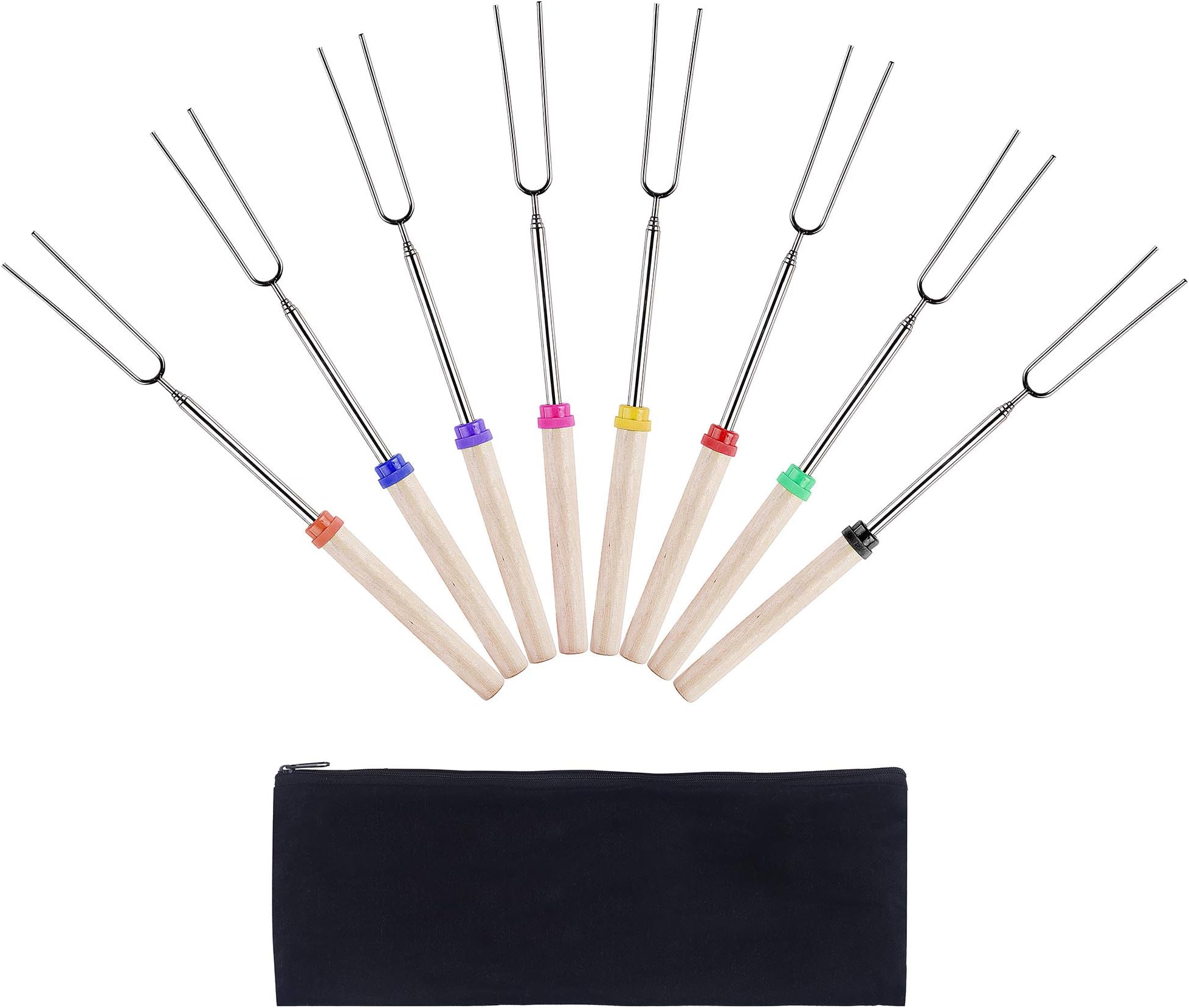 Grill Tools Set Barbecue Fork Telescopic Stainless Steel Marshmallow Roasting Stick Multi-color Hot Dog Safe BBQ Forks With Wooden Handle and Carrying Bag for Camping Campfire Pit 8 Pack