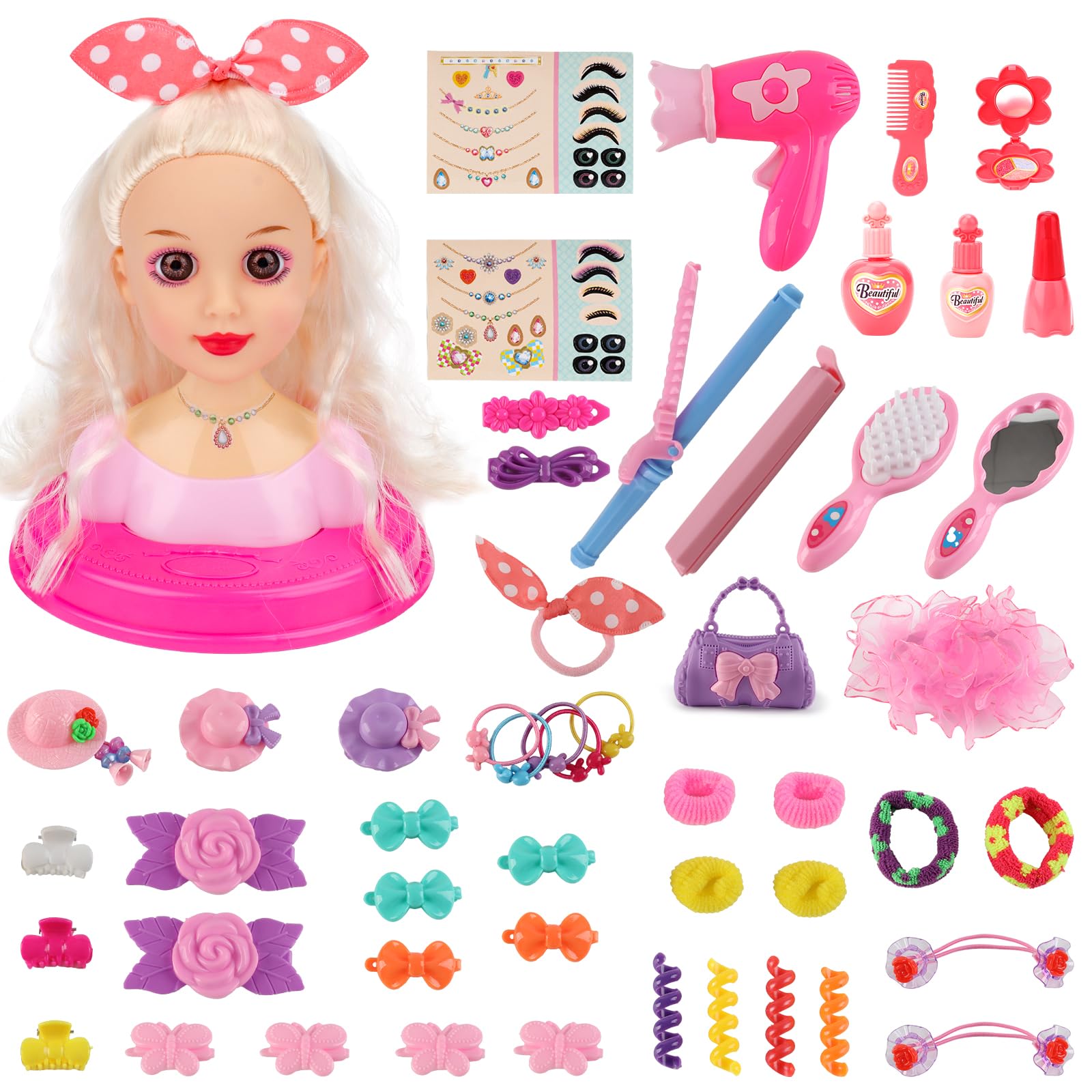 deAO Kids Hairdressing Makeup Doll Head, Dolls Head Toys for Hairdressing with Hair Accessories, Hair Dressing Doll Styling Head Toys Set for 3 4 5 6+ Years Old Kids Girls