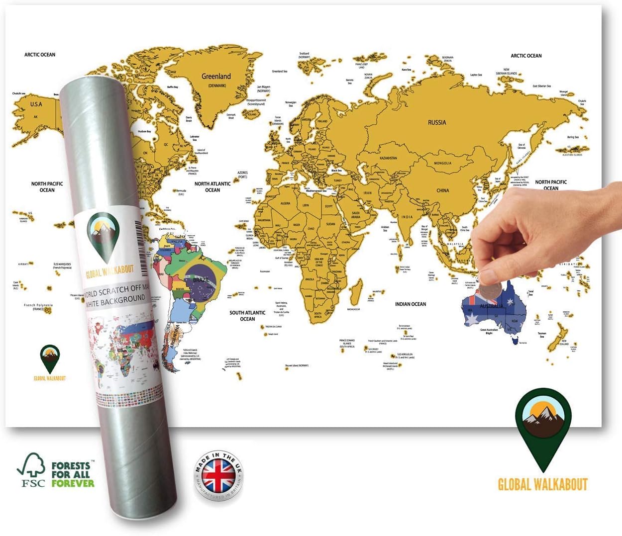 Global Walkabout DEUTSCH - Kratzerkarte mit Flaggenhintergrund - Deluxe Reisegröße Weltkarte Poster Länder und Fakten - Reisegeschenk - (weiß)…