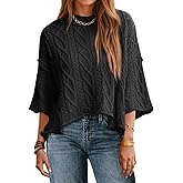 Saodimallsu Womens Cable Knit Cropped Sweaters Oversized 3/4 Sleeve Crew Neck Fall Casual Pullover Tops